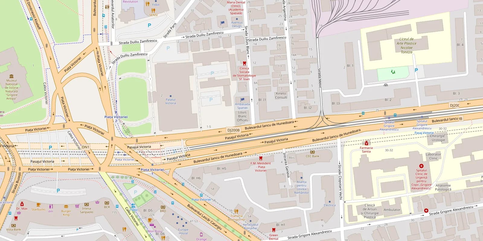 Map showing the Bosfora Group office, Louis Blanc Offices, near Piața Victoriei, Bucharest